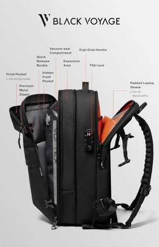 Image of BlackVoyage Vortex Vacuum Seal Travel Backpack 60L Expandable Air Compression System Water Resistant TSA Lock, Aero (Black), 60L (Air Pump Included), Aero