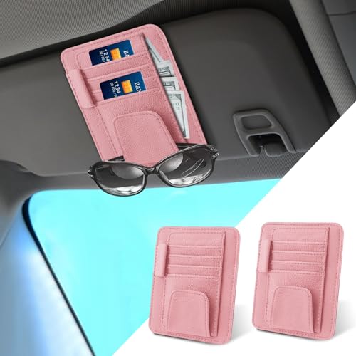 2Pcs Small Leather Car Sun Visor Organizer, Multifunctional Auto Visor Document Holder with Sunglasses Clip, Universal Car Interior Accessories Car Card Sleeve Pocket Organizer for License, Card, Pen