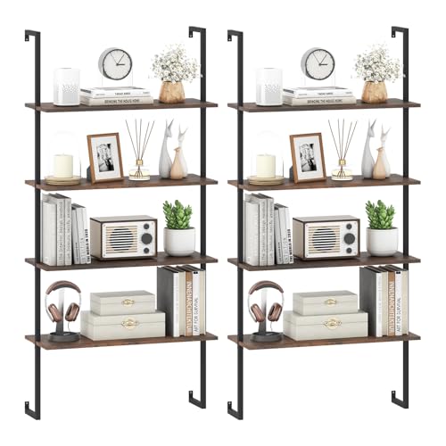 Tangkula 4-Tier Bookshelf, Wall-Mounted Open Bookcase with Metal Frame, Industrial Display Storage Ladder Shelf for Study, Living Room & Kitchen (2, Brown)