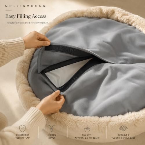 Image of Mollismoons Lounge Set | Luxury Faux Fur Bean Bag Chair + Round Floor Cushion | Ultra Soft Washable Cover Only (Without Beans) Signature Collection (Beige, Lounge Set)