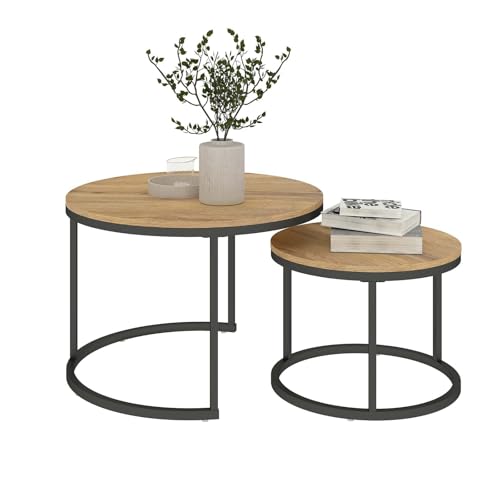 Ginhow Mesa de Centro Redonda Juego de 2 Mesas Nido 70/50 cm con Tablero Madera y Estructura Metálica Negra, Mesa Auxiliar Moderna para Salón