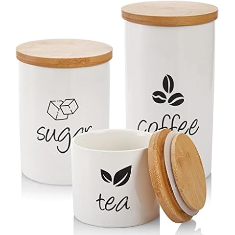 AVLA 3 Pack Ceramic Canister Set, 30/22/12 OZ Kitchen Airtight Food Storage Jar with Bamboo Lids, Coffee Sugar Tea Storage Containers Pots Jars for Counter, Farmhouse Kitchen Decor, White Cover