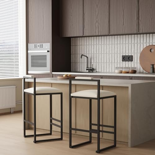 Butacos Altura Barra Juego de 2, con respaldo y sin brazos, color Beige_1 | Tapizados en cuero sintético PU, para pub en casa, comedor, isla de cocina y bistró