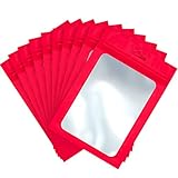 100 Pieces Resealable Bags for Small Business with Clear Window Holographic Bags for Food Storage and Lip Gloss, Jewelry, Eyelash Packaging (Red, 3.9 x 7 Inch)