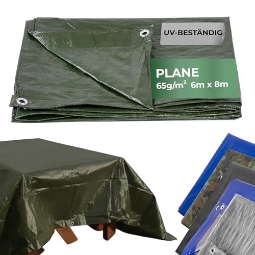 STREND PRO Abdeckplane 6x8 Wasserdicht mit Ösen | Outdoor Gewebeplane Bauplane 65g/m | Regenplane grün 6x8m | UV-beständig | Holzplane für Gartenmöbel Zelt Camping | Abdeckung Plane