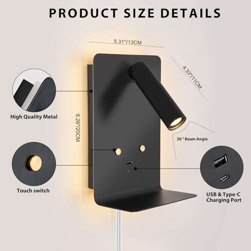 Image of ZEROUNO LED Dimmable Wall Mounted Reading Light, Backlight Night Wall Lamp, Adjustable Headboard Plug in Wall Sconce with USB C+A Ports, LED Reading Light for Bedroom Bedside Lamps