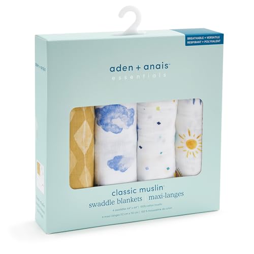Image of aden + anais Essentials Cotton Muslin Swaddles, Breathable Baby Blanket, Ideal for Boys, Girls, Newborns, Babies & Infants, Receiving Blanket, Soft and Lightweight Wrap, 4 Pack, Kite Parade