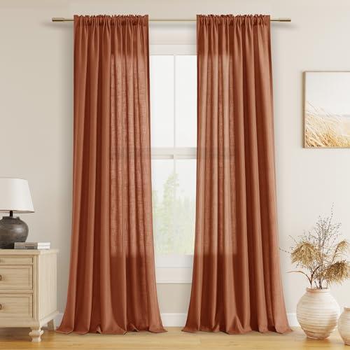 Guken Extra Long Terracotta Linen Curtains 120 Inch Rod Pocket 2 Panels