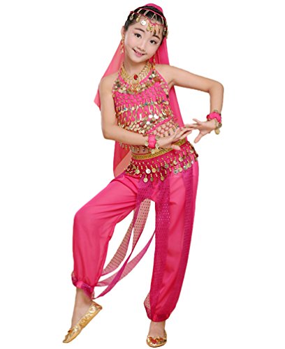 LaoZan Top del Vendaje Disfraz de Niña para Danza del Vientre Lentejuelas Pantalones Trajes de Entrenamiento de Baile (Rose(3Pcs), Asia XL)