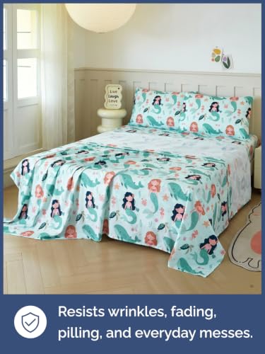 Image of Kids Full Size Mermaid Bed Sheets - 4 Piece Kids Mermaid Sheet Set - Ocean Sea Bedding - Ultra-Soft, Cute & Cozy - Breathable & Machine Washable - Underwater Bed Set for Boys, Girls, Teens & Toddlers