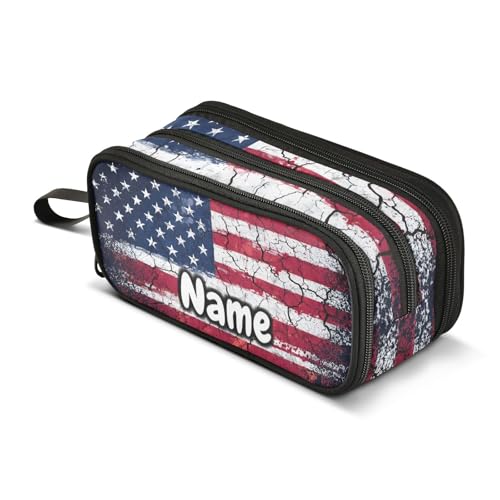 Image of Custom Retro American Flag Pencil Case Box Boys Girls Personalized Name Large Pencil Pouch Stationery Pen Bag Organizer for Kids Adults School Office