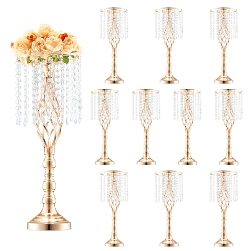 VEVOR 10PCS 55cm/21.65” Tall Crystal Wedding Flower Stand, Metal Wedding Centerpiece Vase, Gold...