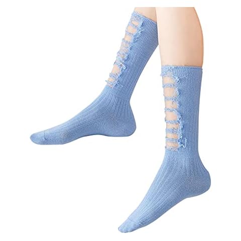 Women's Ripped Destroyed Socks Colorful Combed Cotton Fun Personality Fashion Unisex Calf High Socks, Blue, Medium Cover