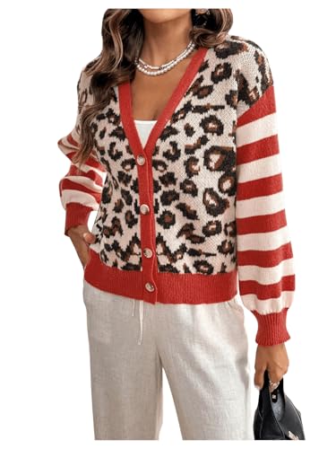 Floerns Women's Leopard Striped Print Long Sleeve Cardigan Button V Neck Sweater Outerwear