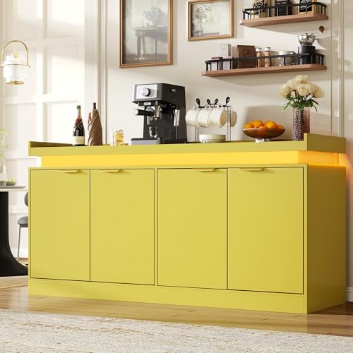 knoworld LED Sideboard Buffet Cabinet with Storage, 63'' Large Kitchen Buffet Cabinet Storage Cabinets with 4 Doors, Wood Coffee Bar Cabinets Buffet Table for Kitchen, Dining, Yellow