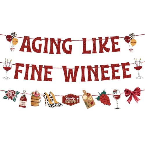 Wine Burgundy Birthday Party Banners Decorations Glitter Aging Like Fine Wineee Birthday Party Signs Garland Aged To Perfection for Man Woman 30th 40th 50th 55th 60th Red Wine Bday Backdrop Supplies