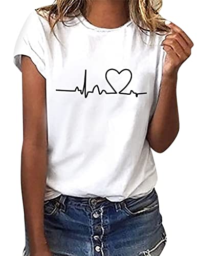 heekpek Camiseta Manga Corta Mujer Blanca Basicas T-Shirt Mujer Algodon Casual Cuello Redondo Camiseta de Verano con Estampado, Electrocardiograma, L