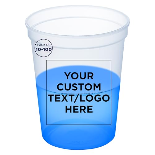 DISCOUNT PROMOS Custom Color Changing Plastic Cups 16 oz. Set of 10/50/100 Personalized Bulk Pack - Reusable Perfect for Birthdays Weddings Picnic Beach Parties - Blue