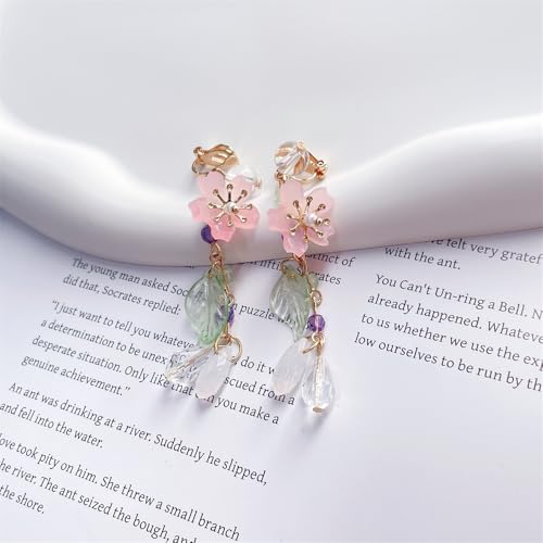 Clip on Pink Flower Pearl Leaf Long Fake Dangle Drop Earrings for Women Non Pierced Ear Dainty Cute Gold Plated Sakura Flower Statement Tassel Dangling Earrings Hypoallergenic Lightweight Fashion Trendy Jewelry2