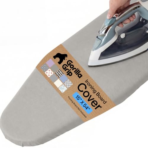 GORILLA GRIP Ironing Board Cover Silicone Coating 400F Scorch and Stain Resistant with Extra Thick Padding Fits Over Standard Size Board Heavy Duty Hook and Loop Fastener Strap Silver 15x54