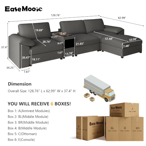 Image of EASE MOOSE Leather Sectional Couch, Oversized Modular Sectional Sofas, Wide Deep Seat Modular Couch, Scratch Resistant Faux Leather Material, L Shaped Sofa for Big Spaces, Grey