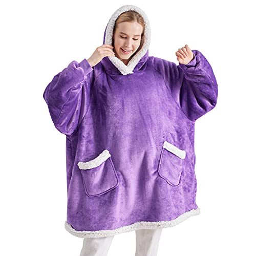 Bedsure Wearable Blanket Hoodie for Women Men Kids - Purple Hooded Blanket Sweatshirt Adult with Deep Pocket and Elastic Sleeve, Warm Fleece Sherpa Blanket Jacket