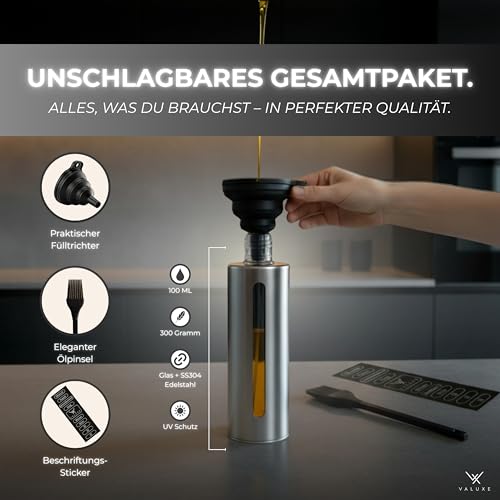 VALUXE® Ölsprüher für Speiseöl & Essig mit UV-Edelstahlmantel & Sprühfilter - Edelstahl Öl-Sprühflasche - Präziser Essig & Olivenöl Sprüher, Öl-Zerstäuber, Oil-Sprayer Edelstahl 4