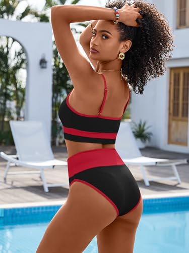 Image of ANRABESS Women's High Waisted Bikini Sets,Color Block 2 Piece Swimsuits,Tummy Control Bathing Suits,Thick Ribbed Beach Wear