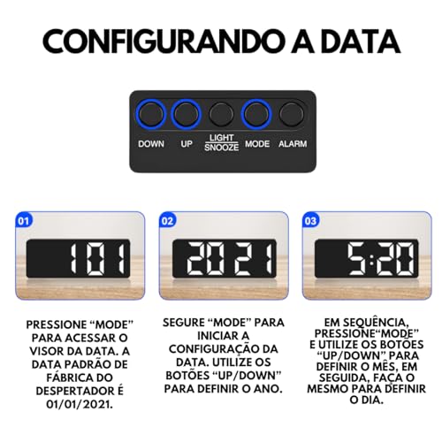 Relógio Digital de Mesa Despertador Digital de Cabeceira em Led Com Modo Soneca Programável, Visor d