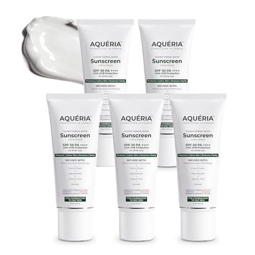 Image of Aqueria Oil Control Brightening Gel Multi-Active French Sunscreen SPF 50 PA++++ | In-Vivo /In-Vitro Tested | 2% Niacinamide, BHA & Hyaluronic Acid | Modern UV Filters | Broad Spectrum UVA /UVB & Blue Light Protection | Lightweight, Non-Greasy, No White Cast | Suitable for Daily Use | For Oily, Acne-Prone & Combination Skin | (Pack of 5) 75g