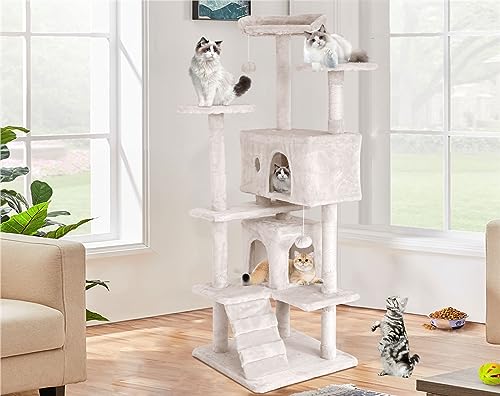 Image of 70 Inch Cat Tree, Cat Tower for Indoor Cats, Multi-Level Tall Cat Tree Kitten Tower with Cat Scratching Post, Cat Condo, Plush Perch, Dangling Ball, Heavy Duty Cat Tree for Large Cats, Beige