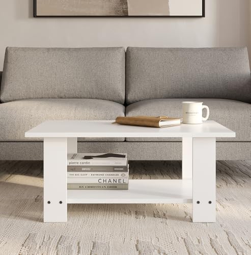 Image of FURLAY LatteEdge Engineered Wood Coffee Table with Bottom Shelf - 90 x 55 x 40 cm (001, White)
