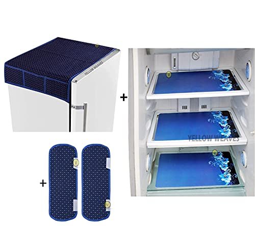 Image of Yellow Weaves� Exclusive Polka Dot Decorative 1 Fridge Top Cover and 2 Handle Covers + 3 Fridge mats - Blue Colour