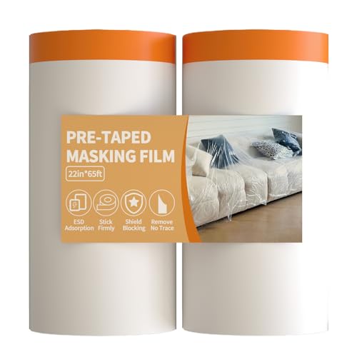 Anyknow Pre-Taped Masking Film (22" x 65', 2Rolls) - Small Painters Tape with Plastic for Baseboards, Trim & Door Frames - Automotive Detailing Masking Paper