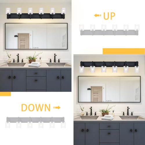 Image of 6 Lights Black Bathroom Lighting Fixtures with Clear Fluted Glass | Modern Farmhouse Vanity Light Bathroom Wall Sconces Over Mirror, E26 Socket, for Bedroom, Living Room, Hallway, Kitchen