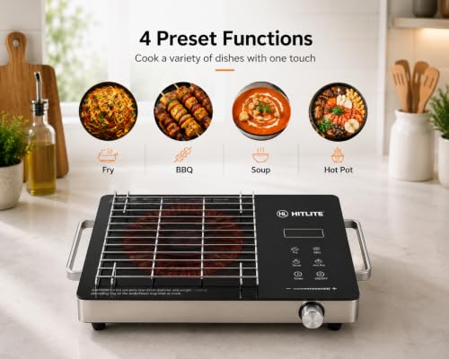 Image of 2200W Induction Cooktop with Grill | 4 Pre-Set Cooking Menus | LED Touch & Digital Display | 5 kv Surge Protection | Works on All Utensils | 3-Year Warranty | Black