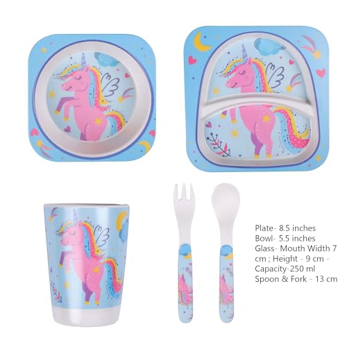 Image of Bamboo Kids Feeding Set of 5 |Made of Bamboo| Affordable Kids Crockery Set Tableware |Baby Utensils and Dishes Set | Eco-Friendly |Organic & Natural (Unicorn in The Sky)