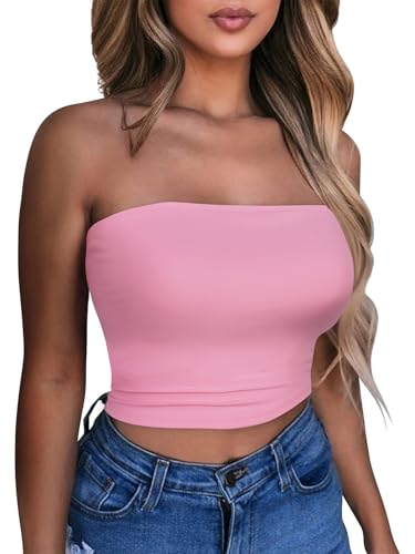 Summer Tube Tops Crop Tops for Women Strapless Bandeau Shirts,Light Pink,M