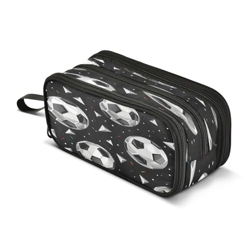 Image of Futuristic Soccer Elements Pattern Pencil Case 3 Compartment Pen Bag Pouch Holder Box School Portable Stationery Storage Bag for Girls Boys