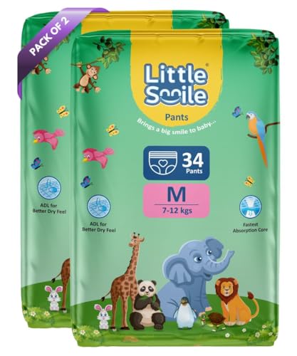 Image of Baby Diapers Pant Style | Size - M - 34 (Pack of 2) | Odorless and Antibacterial Layer with Urine Indicator (68 Pieces)