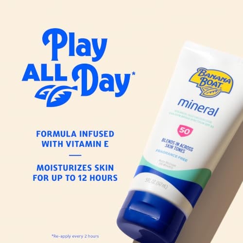 Image of Banana Boat Sensitive Mineral Sunscreen Lotion SPF 50, 5 Fl Oz | Zinc oxide sunscreen, 12 moisturization, Non-greasy, Sweat and water resistant sunblock, UVA /UVB broad spectrum protection