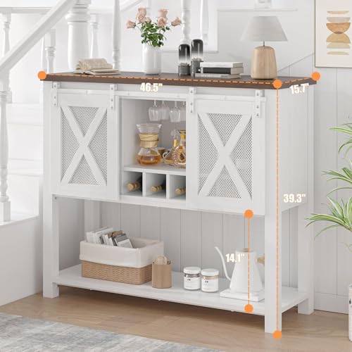 Image of Garvee Wine Bar Cabinet with Storage - Sliding Barn Door Kitchen Buffet, Wood Sideboard Console with Wine Rack & Glass Holder for Living & Dining Room as a Coffee Bar, White