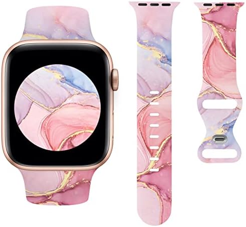 Sport Bands Compatible with Apple Watch Band 42mm 44mm 45mm Women Girls, Rose Gold Pink Marble Design Watch Band Cute Silicone Wristband Replacement iWatch Series 7 SE 6 5 4 3 2 1