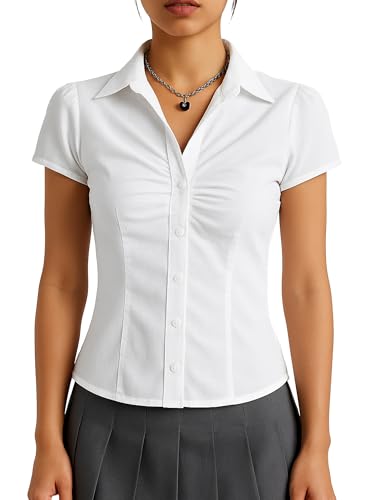 SUNNOW Women's Pleated Bust Button Down Shirt Tie Back Fitted Short Sleeve Blouse Casual Tops