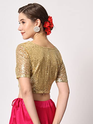 Image of studio rasa Women's Net Sequin Embroidered Sheer Sleeves Readymade Saree Blouse for Wedding Festive Party