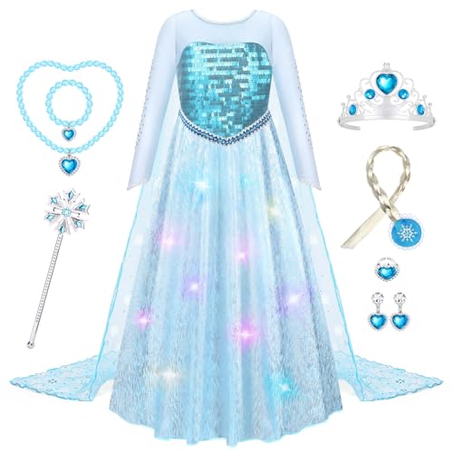 WIKITOT Princess Costumes for Girls Light up Princess Dress up for Girls Aged 3-10 Kids Fancy Dress Costumes for Halloween Birthday Costumes (M(5 to 6 years))