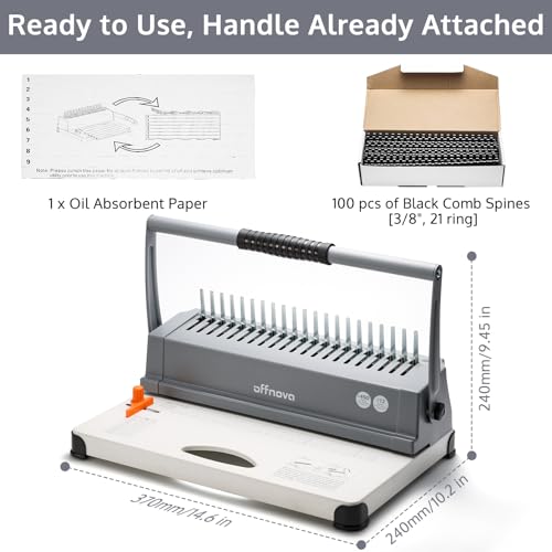 Image of OFFNOVA Binding Machine, 21-Hole 450 Sheets Paper Comb Binding Machine for Letter Size / A4 / A5 Paper, Easy to Punch Handle, Adjustable Margin, Book Binder with 100 PCS 3 /8'' Comb Binding Spines