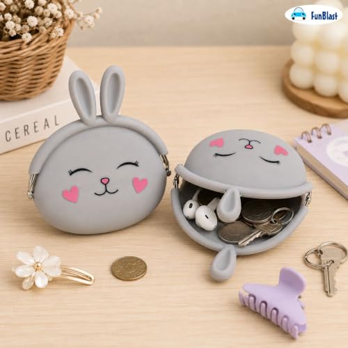 Image of FunBlast Cute Bunny Shape Silicone Coin Purse for Kids & Adults - Mini Pouch for Coins, Earphones, Keys & Small Essentials, Aesthetic Pouches for Girls & Women - 12 X 9.5 X 3 Cm (Bunny-Grey)