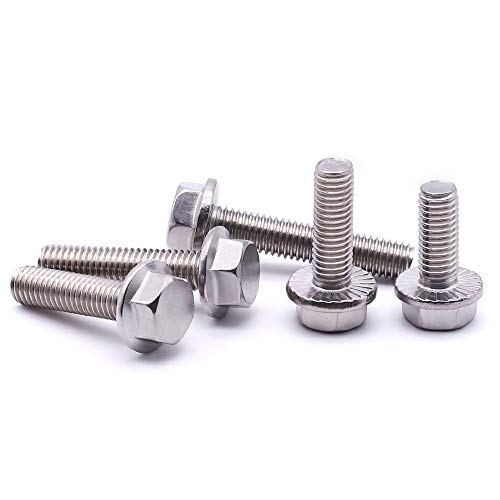 Image of M6-1.0 x 40mm Hex Flange Bolt (1.57 inch Thread Length), DIN6921, Serrated Locking Flange, 304 Stainless Steel, UNC Full Thread, 25-Pack