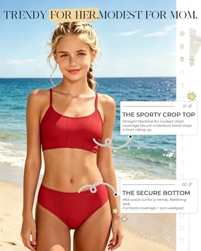 Image of Century Star Girls Ribbed 2-Piece Bikini Swimsuit - Fully Lined Modest Bathing Suit for Teens & Tweens